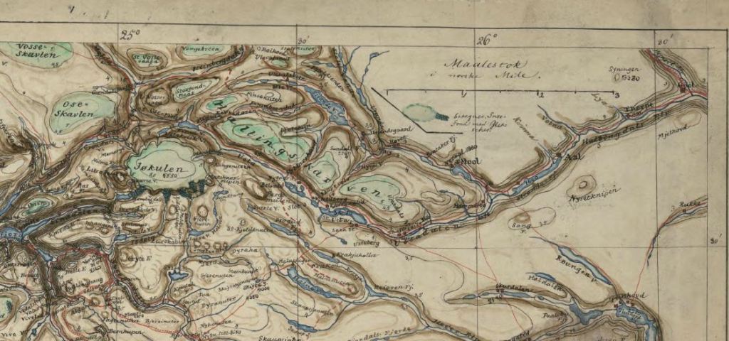 Hallingdal i PA Munchs håndskrevne &laquo;Indberetning om hans i somrene 1842 og 1843 med Stipendium foretagne Reiser gjennem Hardanger, Numedal, Thelemarken m.m. Hermed et&nbsp;Kart.&raquo;