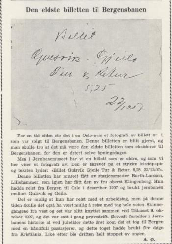 Den eldste billetten til Bergensbanen: tur/retur Gulsvik – Geilo 22. desember&nbsp;1907