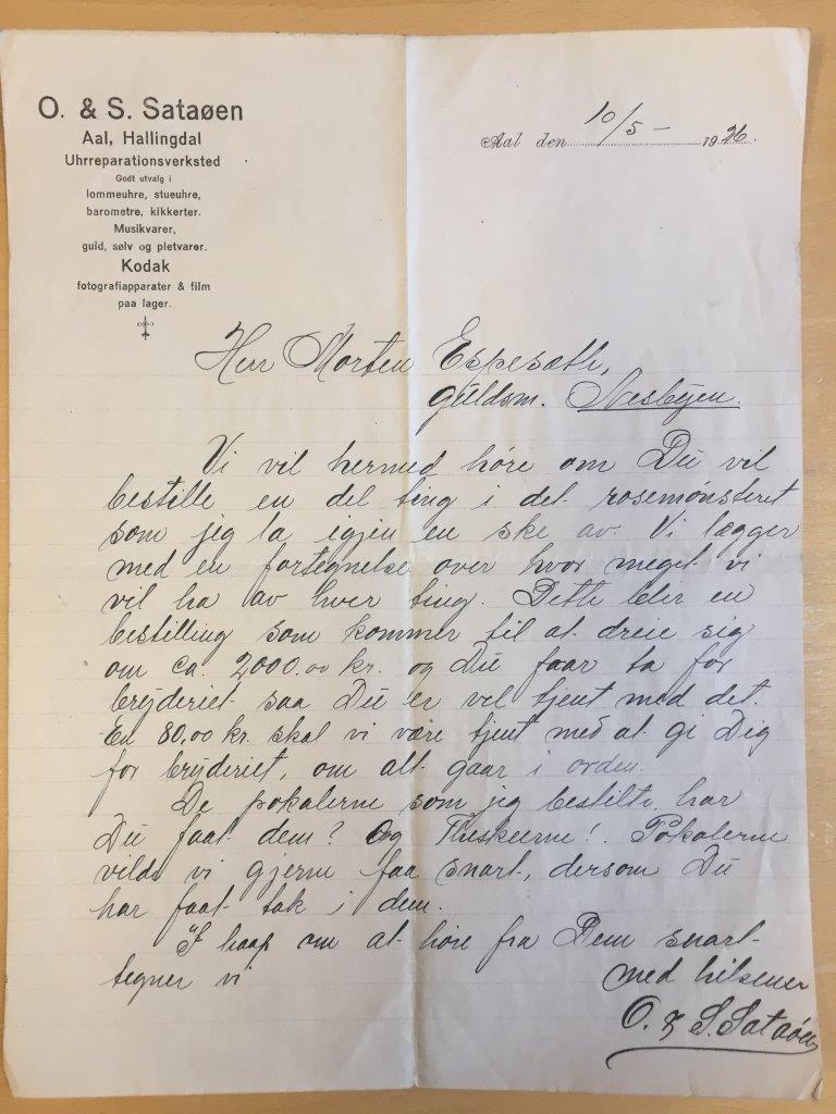 Korrespondanse mellom firmaet O&S Sataøen på Sundre og sølvsmed Morten Espeset i Nes på 1920- og&nbsp;30-tallet