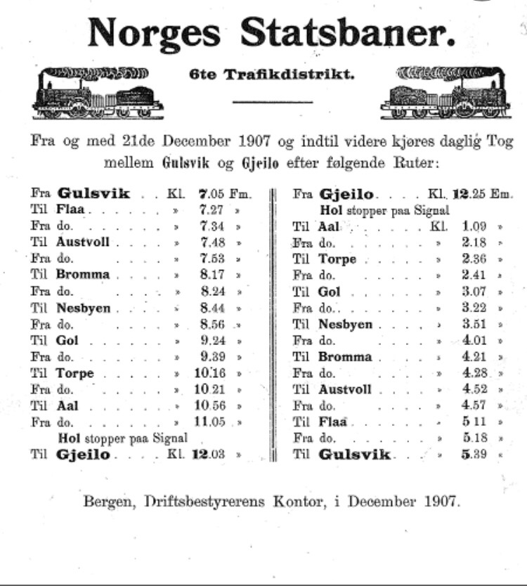 Rutetabell Gulsvik-Geilo/Geilo-Gulsvik desember&nbsp;1907