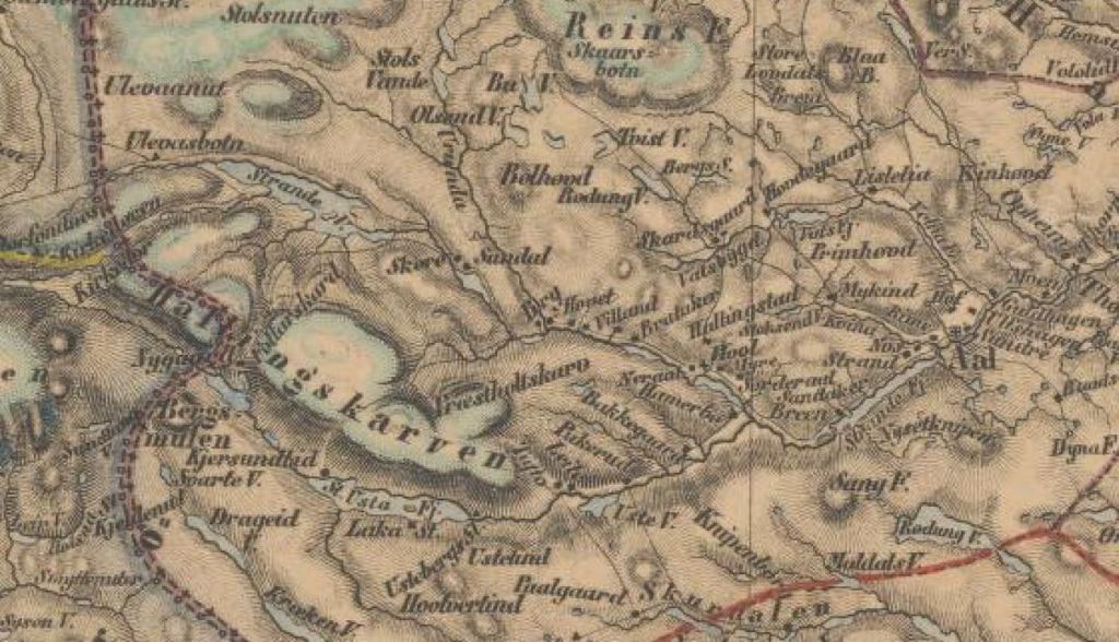 PA Munchs detaljerte kart frå 1845 -som også inkluderer&nbsp;Hallingdal