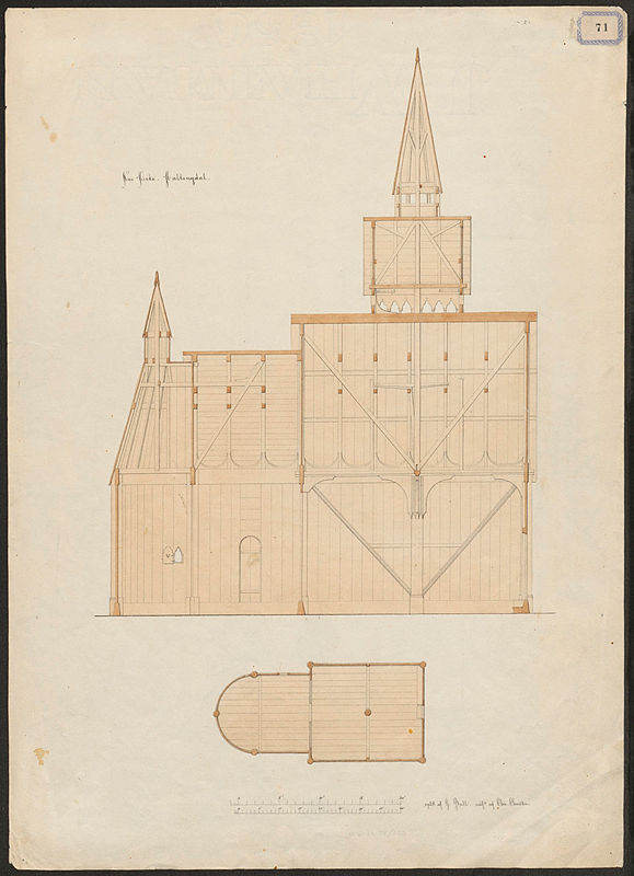 Teikningar av Nes stavkyrkje&nbsp;1848-1860