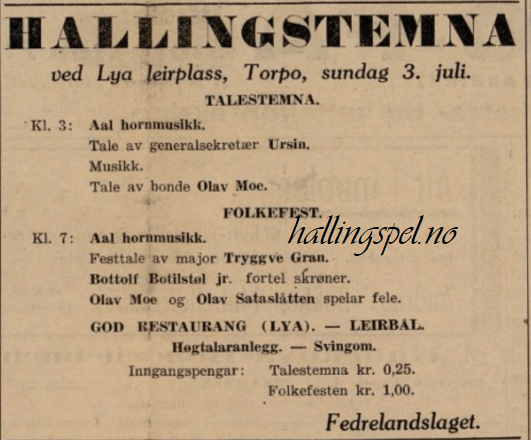 Då Olav Moe og Olav Sataslåtten spelte på Torpo framfor 1200 mennesker i&nbsp;1938